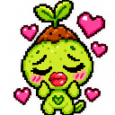 A small green sprout character with a sprout on its head blowing a kiss surrounded by floating pink hearts.