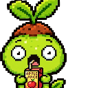 A small green creature with a sprout on its head drinking from a juice box with wide, surprised eyes.