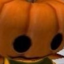 A 3D pumpkin character with large black eyes and a small, mischievous smile.
