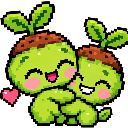 Two green sprout characters with brown caps hugging each other while smiling happily with a small pink heart nearby.