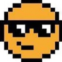 A pixelated yellow smiley face wearing black sunglasses with a small, confident smirk.