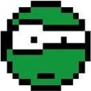 A green pixelated circular face with one eye squinting and the other wide open in a suspicious expression.