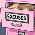 A pink filing cabinet drawer labeled EXCUSES is pulled open, revealing a stack of manila folders inside.