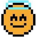 A pixelated orange circular face with a mischievous grin and a light blue halo floating above its head.