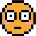 A round orange pixelated face with wide white eyes, a flat black mouth, and small pink blushes on the cheeks.