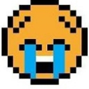 Yellow pixelated face with large blue tears streaming down its cheeks.