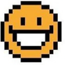 Smiley face with a wide, toothy grin rendered in a simple orange and black pixel art style.