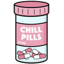 A pink and white pill bottle labeled Chill Pills containing several capsules.