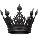Black crown with intricate metal detailing centered on a dark background.