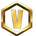 A metallic gold letter V centered inside a gold-rimmed hexagon against a blue background.
