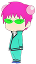 Chibi anime boy with pink hair and green glasses looking cool and detached.