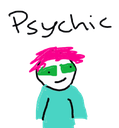 A crudely drawn character with bright pink hair and green eye-shadow stares blankly with a slight smirk.