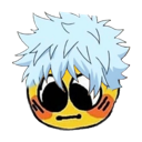 A yellow smiley face with spiky blue hair and red blushing cheeks looking shy.