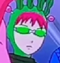 Anime character with pink hair wearing green headgear and green tinted sunglasses with a stoic expression.