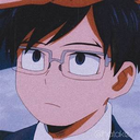 Anime boy with dark hair and glasses looking sideways with a serious and skeptical expression.