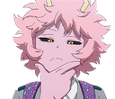 Mina Ashido with pink hair and skin rests her chin on her hand with a skeptical and thoughtful expression.
