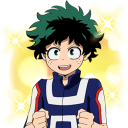 Izuku Midoriya with green hair and a wide, happy smile, glowing with sparkles against a yellow background.