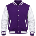 A purple varsity jacket with white sleeves and striped cuffs.