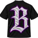 Letter B in a gothic font style with white fill and a purple outline on a black background.