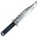 A metallic serrated survival knife with a black handle angled upwards.