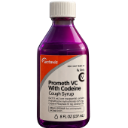 A purple bottle of cough syrup with a white cap and a label containing text.