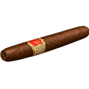 Cigar with a red and gold band resting on a blue surface.