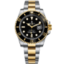 A two-tone gold and silver wristwatch with a black face and metal link band.