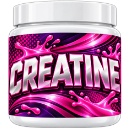 A 3D rendering of a white plastic tub with a bright pink and purple label containing the word CREATINE in bold silver letter…