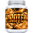 A white plastic jar labeled PROTEIN with swirling peanut butter and peanuts inside.