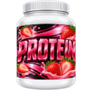 A white plastic tub labeled protein surrounded by fresh strawberries and splashes of pink liquid.
