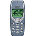 A classic gray mobile phone with a green screen interface.