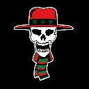 A white skull wearing a red fedora with green accents and a striped scarf against a black background.