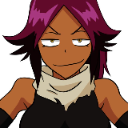 Yoruichi Shihouin with a smug, knowing smirk and purple hair.