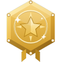 A gold hexagonal badge featuring a central star with sparkling accents.