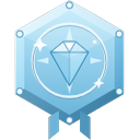 A hexagonal blue badge containing a sparkling diamond shape.
