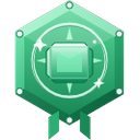 A green hexagonal badge featuring a central gem and star accents.