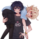 A dark-haired character in a black shirt carries a blushing, blonde character in their arms.