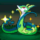 A green and blue serpentine creature looking upward with a smug expression, surrounded by golden sparkling stars.