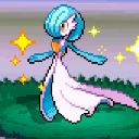 Gardevoir stands gracefully in a white dress with teal hair, surrounded by glowing yellow sparkles.