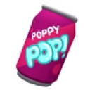 A pink cartoon soda can with the text POPPY POP in light blue bubble letters.