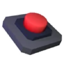 A 3D red button centered on a dark gray square base.