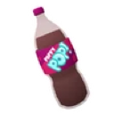 A stylized purple and brown soda bottle with a label.