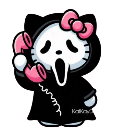 A masked character in a black robe with a pink bow on its head holds a pink telephone to its ear.