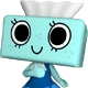 A light blue rectangular character with large eyes and a smile wearing a white ruffled collar.