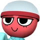A round red character with a smug expression and side-eyed glance.