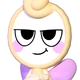 A stylized cartoon character face with a smug, knowing smirk and pink rosy cheeks.