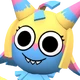 A stylized 3D creature with bright yellow hair and a blue face displaying a wide-eyed, mischievous, toothy grin.