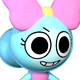 A 3D blue character with a large pink bow on its head giving a mischievous, toothy grin.