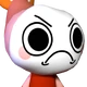 A round, white-faced character with a large, exaggerated, downturned scowl and a red shirt.