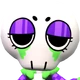 A stylized character with a pale head, heavy-lidded purple eyes, and green markings looking bored.